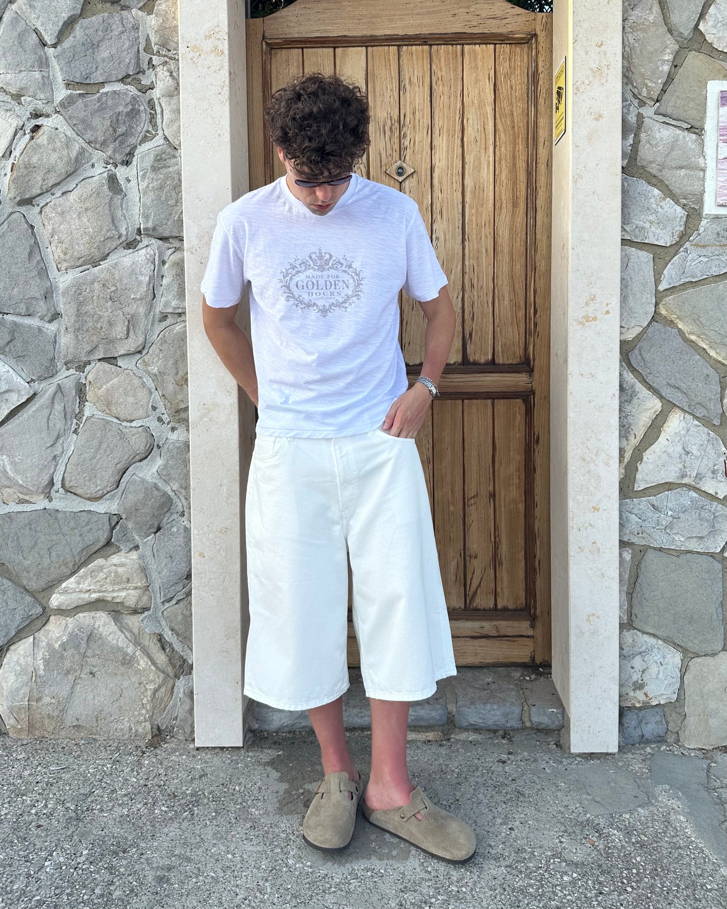 "Made for golden hours" White Slub Cotton Single Stitch Tee