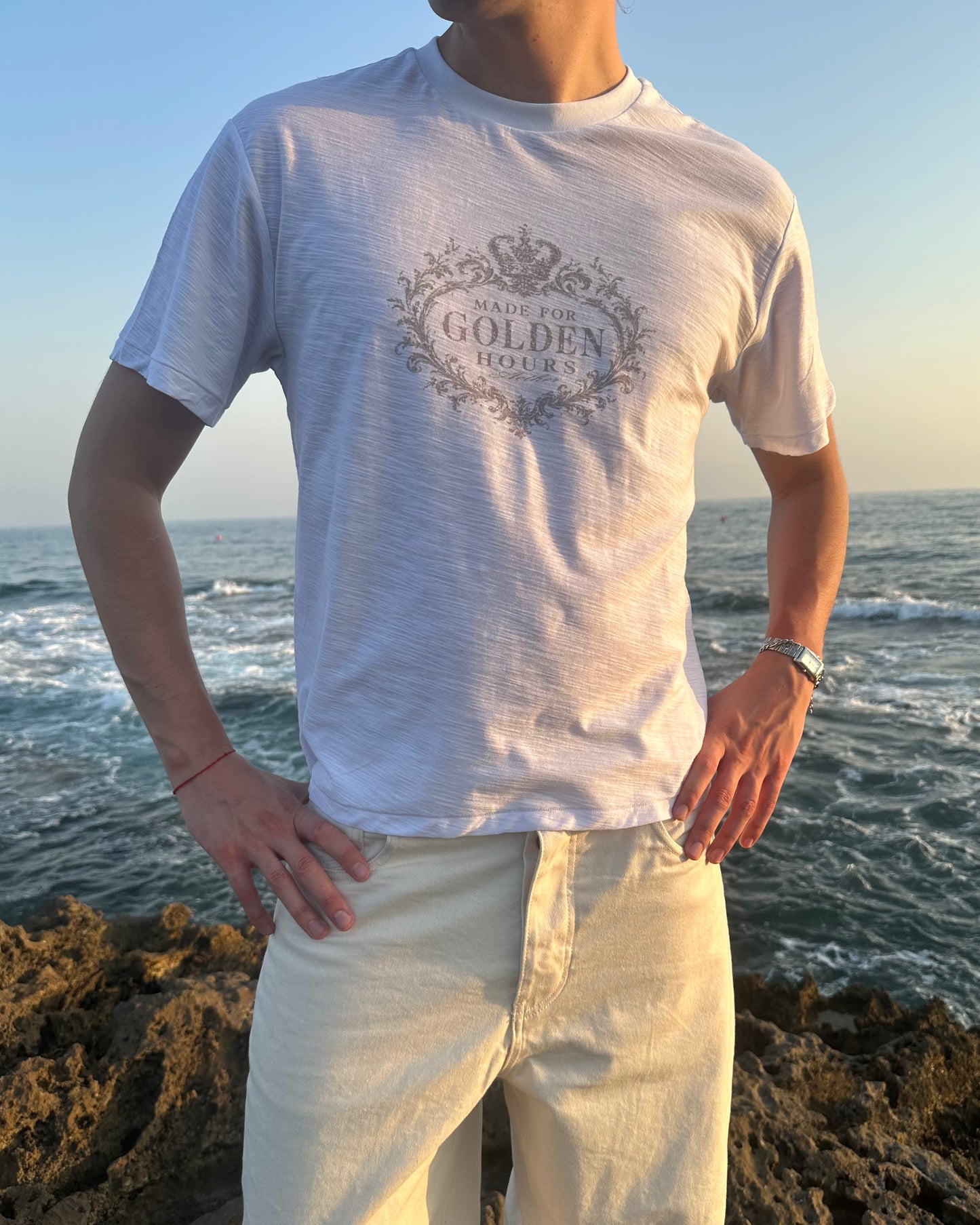 "Made for golden hours" White Slub Cotton Single Stitch Tee