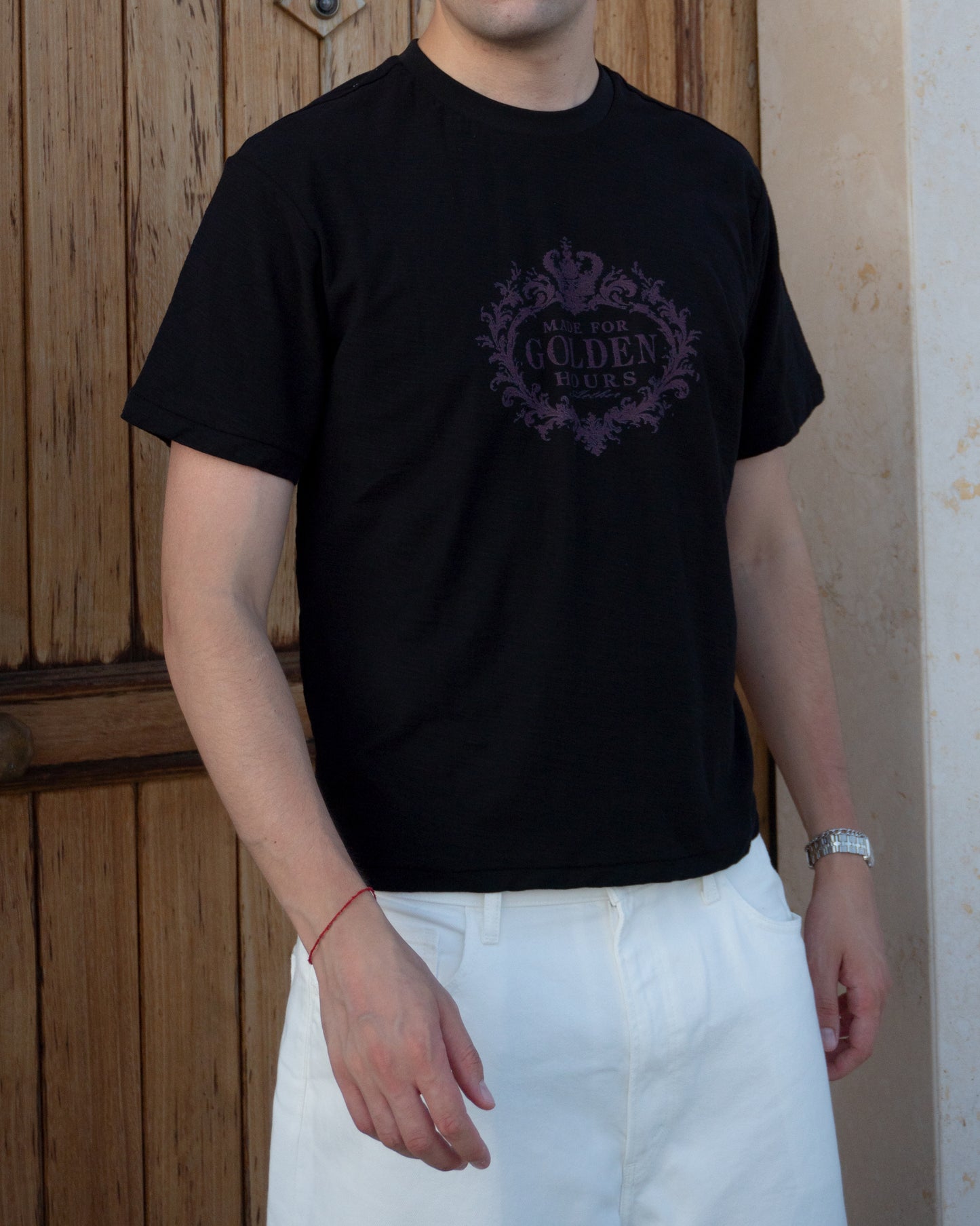 "Made for golden hours" Black Slub Cotton Single Stitch Tee