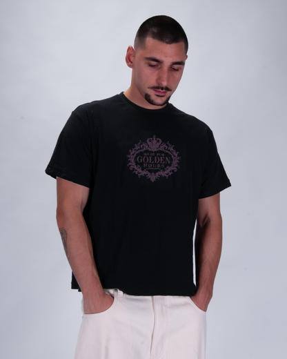 "Made for golden hours" Black Slub Cotton Single Stitch Tee
