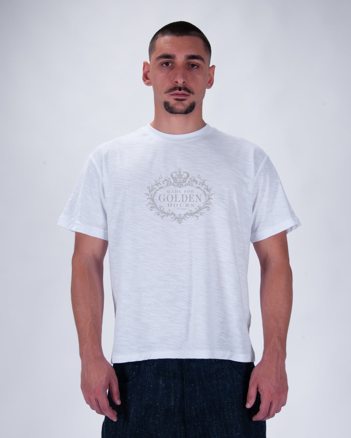 "Made for golden hours" White Slub Cotton Single Stitch Tee