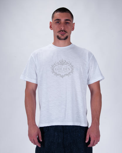 "Made for golden hours" White Slub Cotton Single Stitch Tee