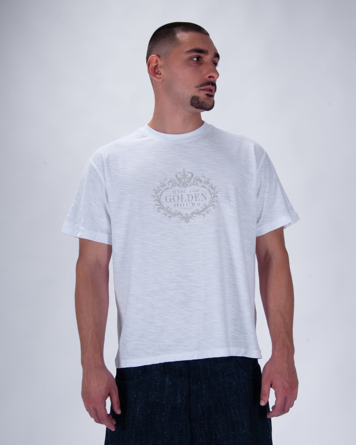 "Made for golden hours" White Slub Cotton Single Stitch Tee