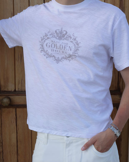 "Made for golden hours" White Slub Cotton Single Stitch Tee